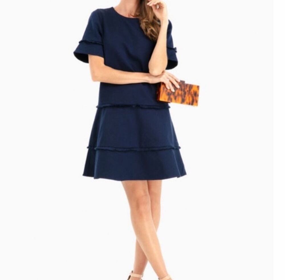 Marie Oliver Jillian Navy Blue Textured Fringe Detail Short Sleeve Dress XXS